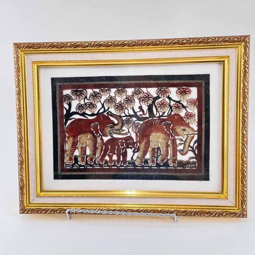 Thai Nang Yai Leather Shadow Puppet Art Framed Elephants Monkey Gold 12x9